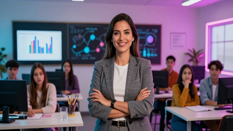 Profesora mexicana en clase tecnológica vibrante