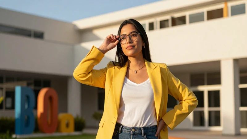 Joven maestra mexicana en un campus moderno