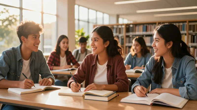 Estudiantes mexicanos felices en biblioteca moderna