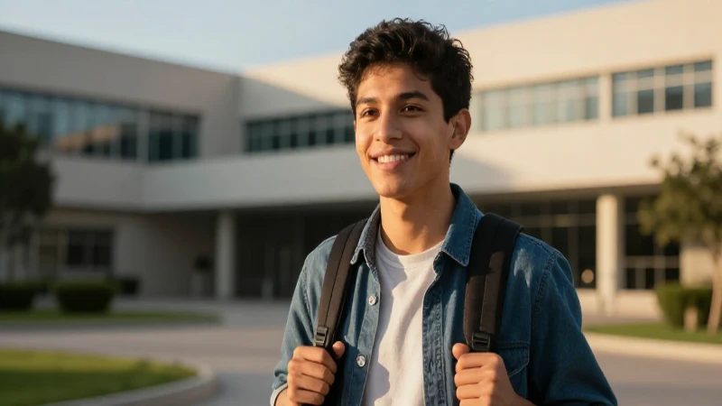 Joven estudiante mexicano sonríe en campus dorado