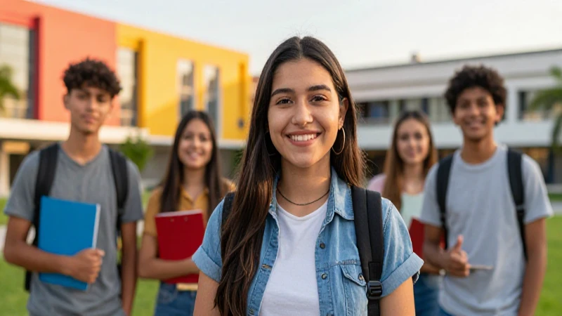 Estudiante mexicano sonríe en campus universitario moderno