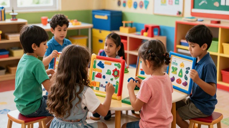 Niño alegre en aula de preescolar mexicano