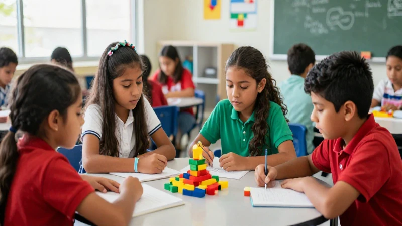 Estudiantes mexicanos colaboran con materiales visuales en una clase moderna