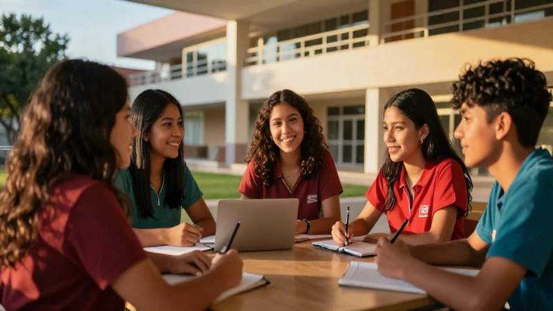 Estudiantes mexicanos colaborando en campus moderno