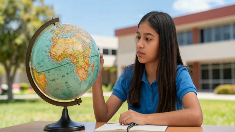 Estudiante mexicano en campus con globo antiguo