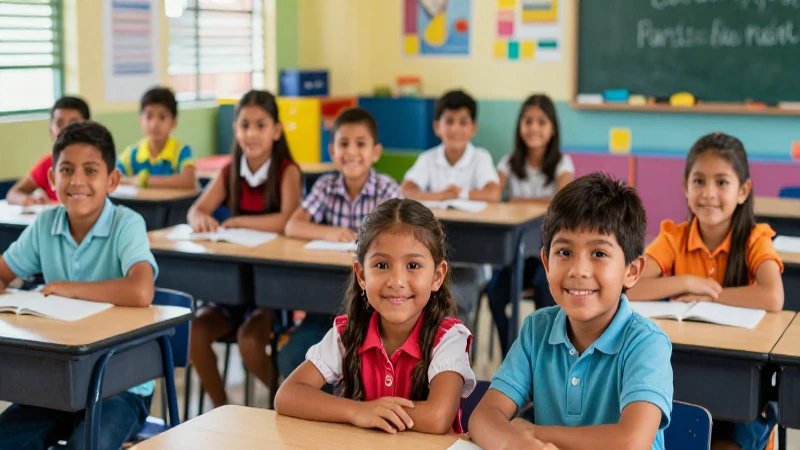 Niños mexicanos sonriendo en aula moderna