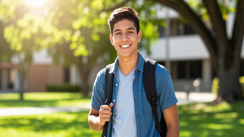 Estudiante mexicano en campus vibrante y soleado