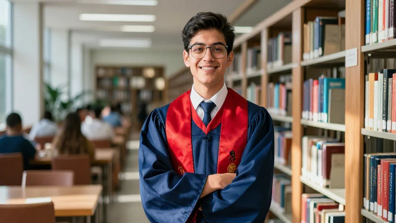 Estudiante mexicano exitoso sonríe en la biblioteca