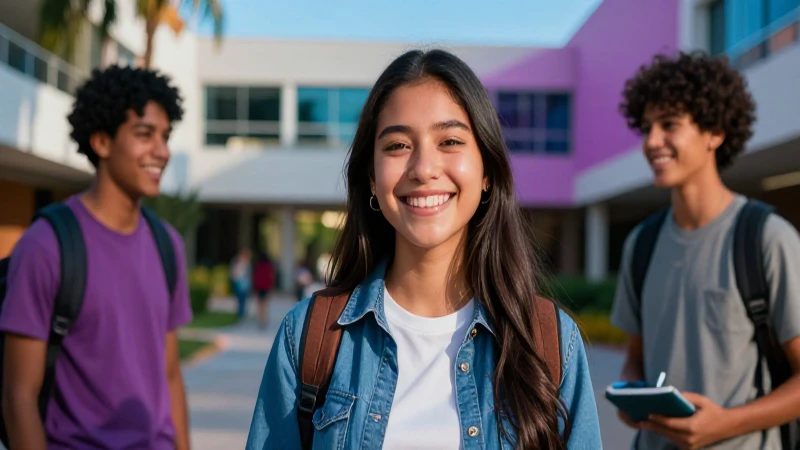 Estudiante sonriente en campus universitario vibrante
