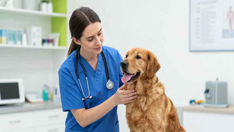 Veterinaria compasiva examina perro en clínica moderna