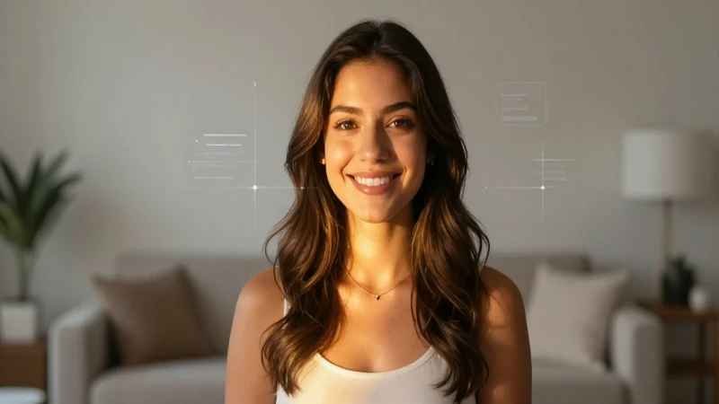 Mujer mexicana sonriente con brillo dorado en un fondo minimalista
