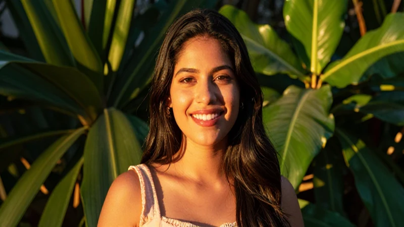 Mujer vibrante en luz dorada y verde