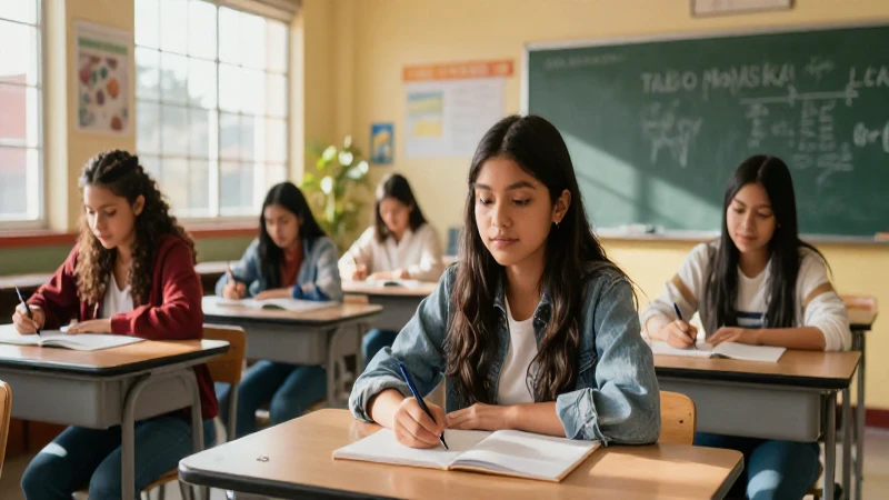 Joven mexicana enfocada en aula moderna y luminosa