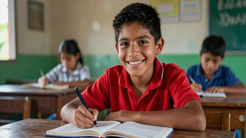 Joven estudiante sonriente en aula rural vibrante