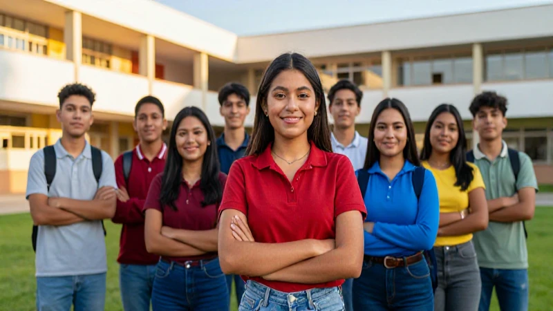 Estudiantes mexicanos en escuela moderna bajo luz dorada