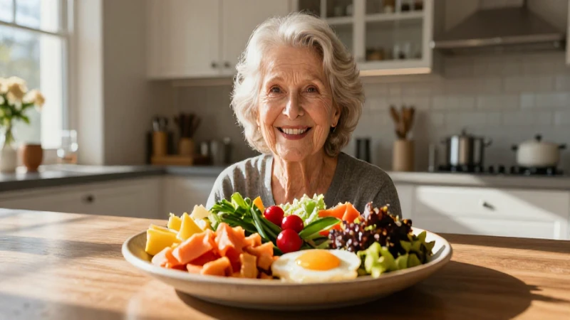 Mujer sonriente disfruta comida en cocina moderna