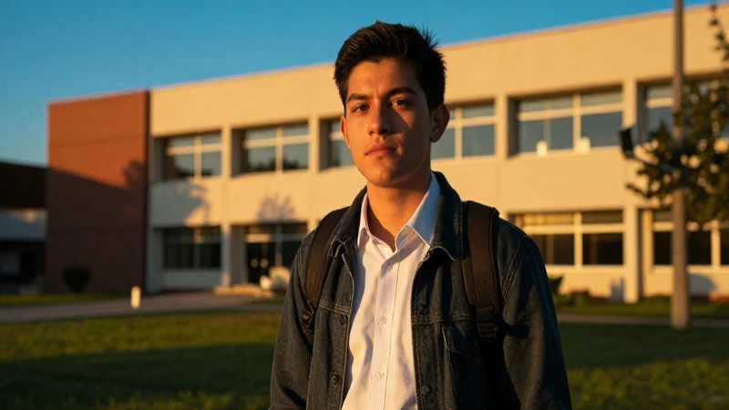 Estudiante mexicano, luz dorada, estilo cinemático