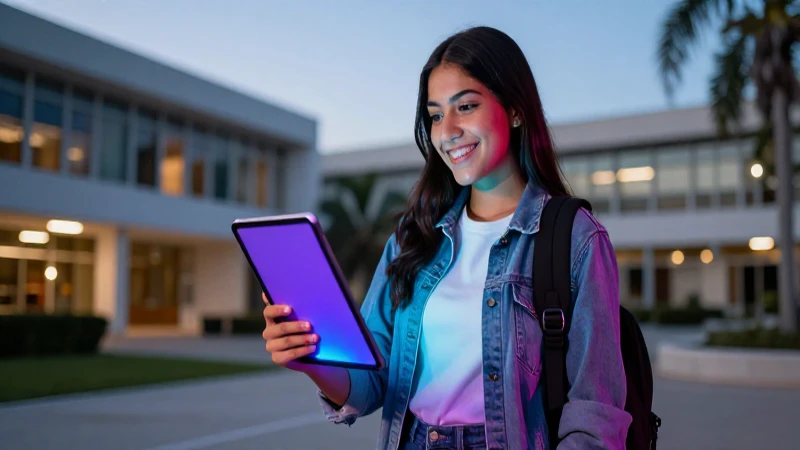 Estudiante sonriente usa tablet en moderno campus