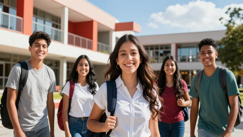 Estudiantes mexicanos sonríen en campus moderno