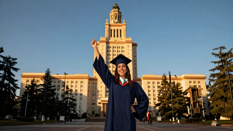 Graduado brillante celebra en campus universitario