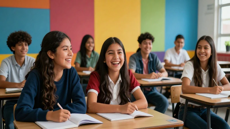 Estudiantes mexicanos ríen en un aula moderna y vibrante