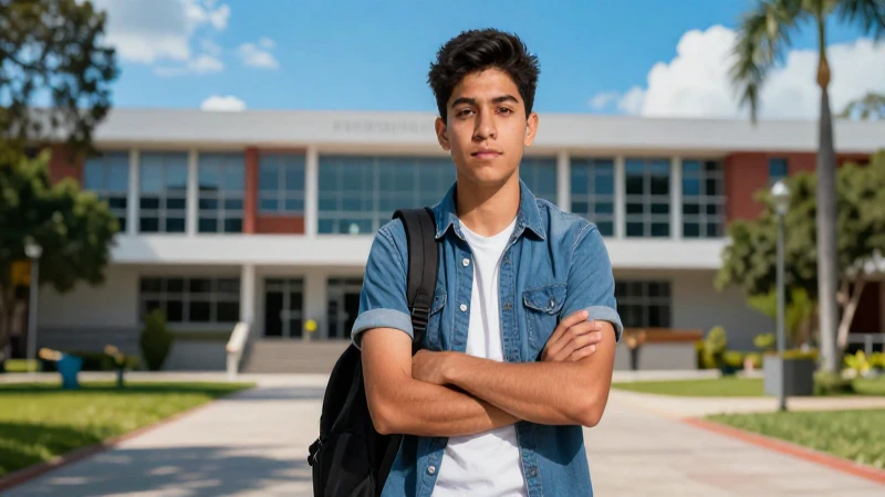 Estudiante mexicano exitoso en un campus vibrante