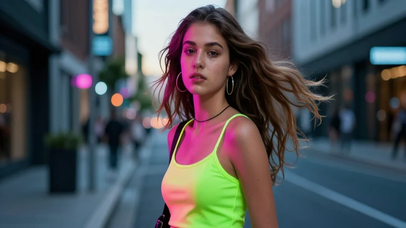 Joven de moda neón en ciudad vibrante