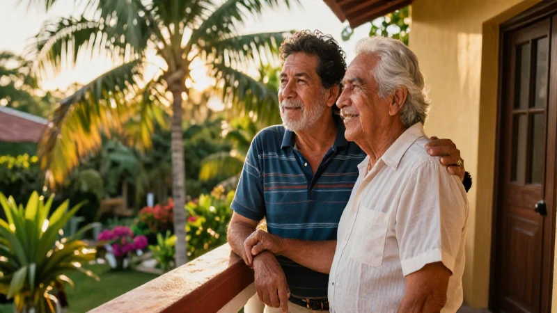 Pareja mexicana en balcón tropical dorado