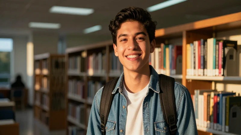 Joven mexicana sonríe en biblioteca con luz dorada