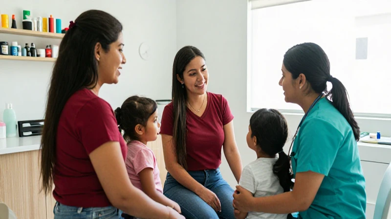 Familia mexicana sonríendo en clínica moderna