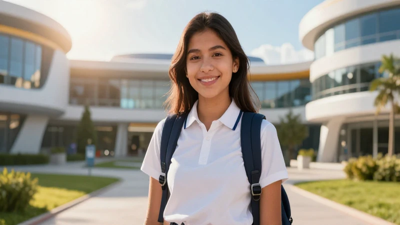 Estudiante mexicano sonríe en campus futurista