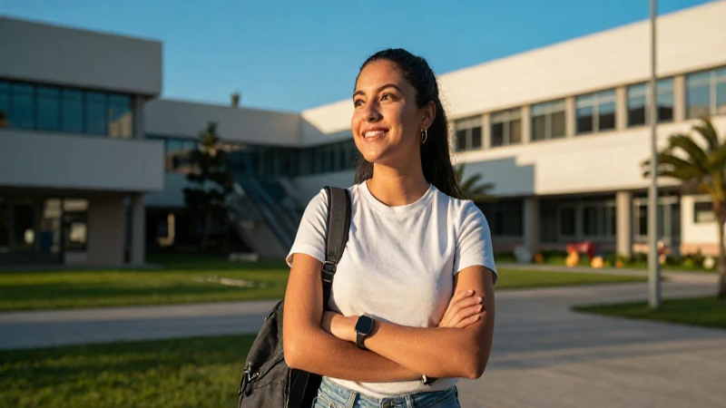 Estudiante mexicano diverso en campus universitario al atardecer