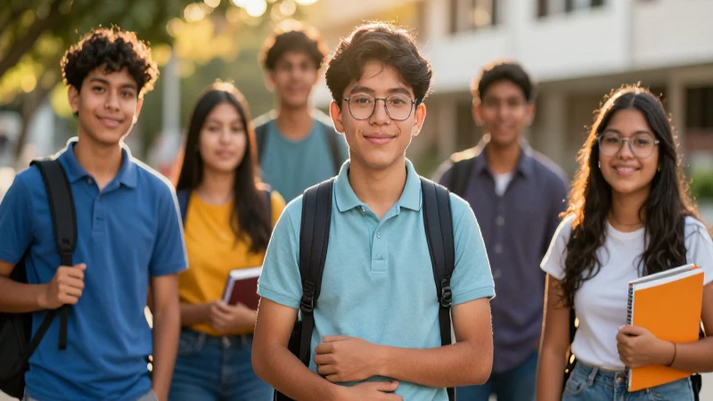 Jóvenes universitarios mexicanos en un campus brillante