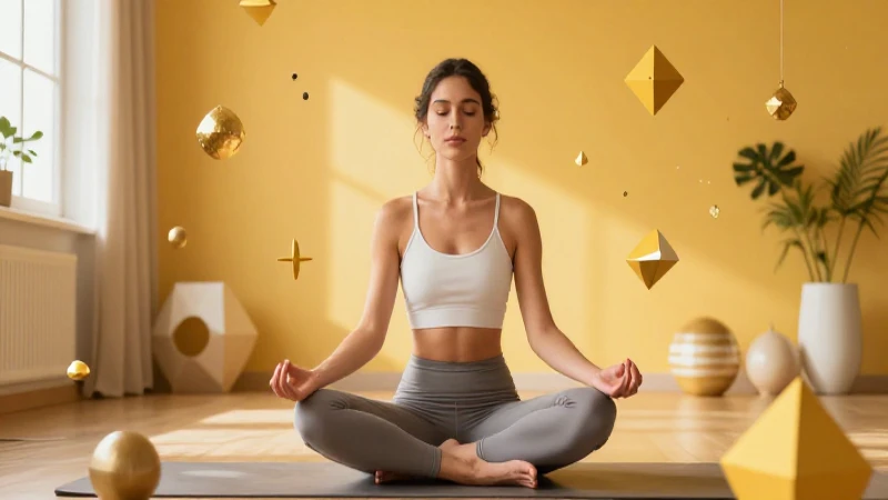 Mujer meditando en habitación moderna con formas geométricas