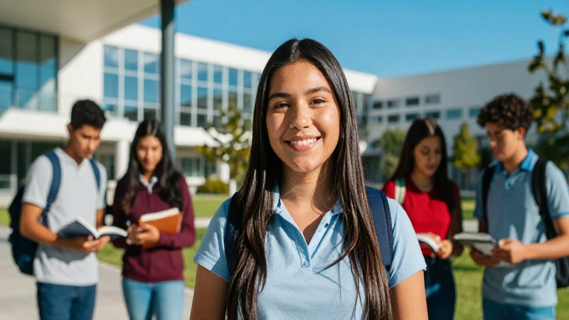 Estudiante sonriente en campus universitario bajo luz