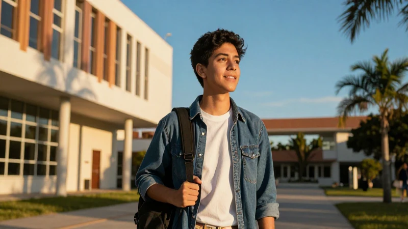 Estudiante mexicano en campus con luz dorada y contraste