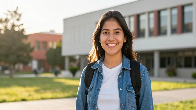 Estudiante sonriente en moderno campus universitario