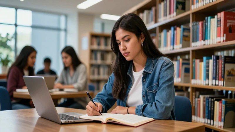 Estudiante mexicano en biblioteca moderna y brillante