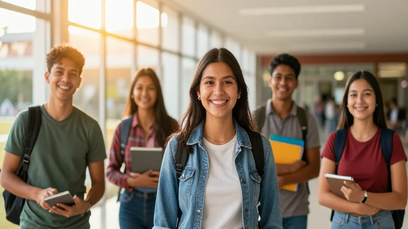 Retrato dorado de estudiantes mexicanos en campus moderno