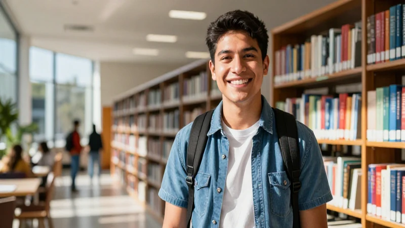 Estudiante sonríendo en moderna biblioteca universitaria