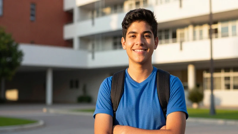 Estudiante mexicano sonriente en el campus moderno