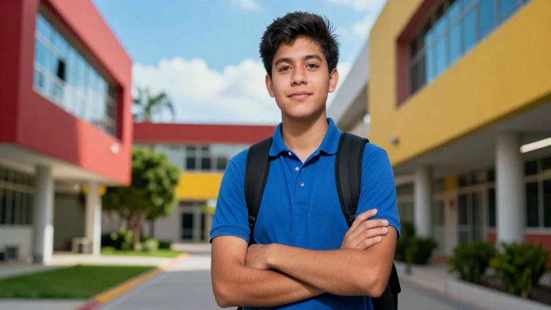 Estudiante mexicano vibrante en campus moderno