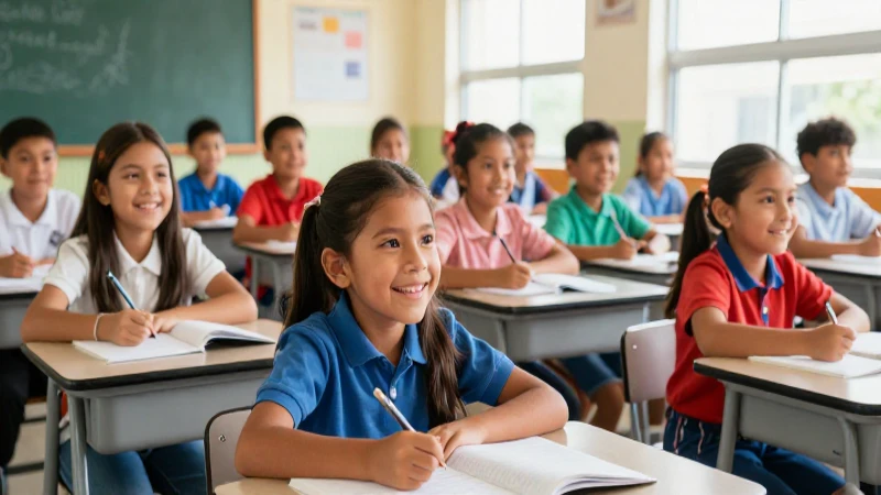 Alumnos mexicanos alegres en aula luminosa
