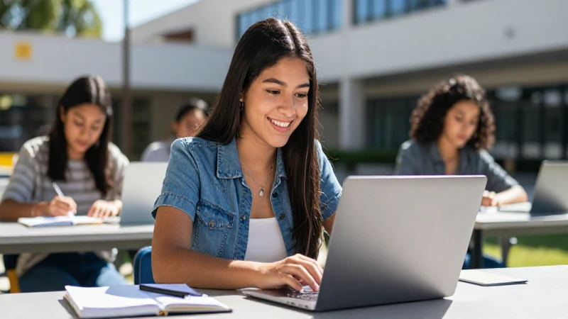 Estudiante mexicano sonriente estudia en campus moderno