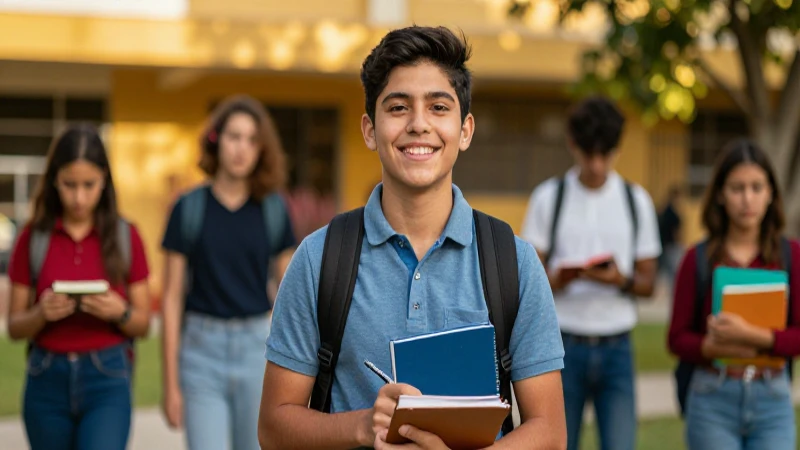 Estudiante mexicano brillante en campus vibrante