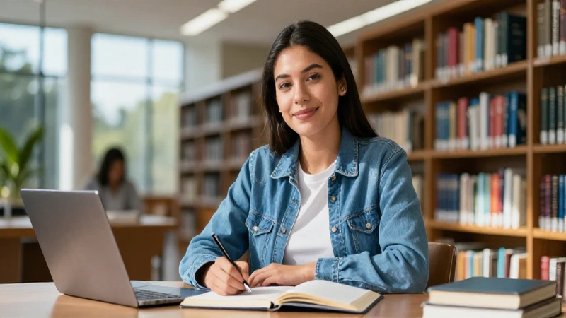 Estudiante confiado en moderna biblioteca universitaria