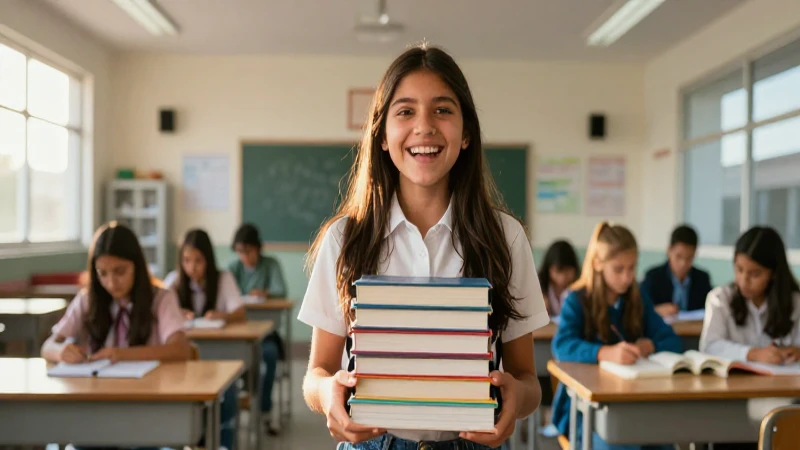 Estudiante sonriente obtiene beca en aula moderno