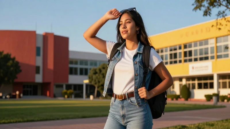Estudiante sonriente en vibrante campus universitario