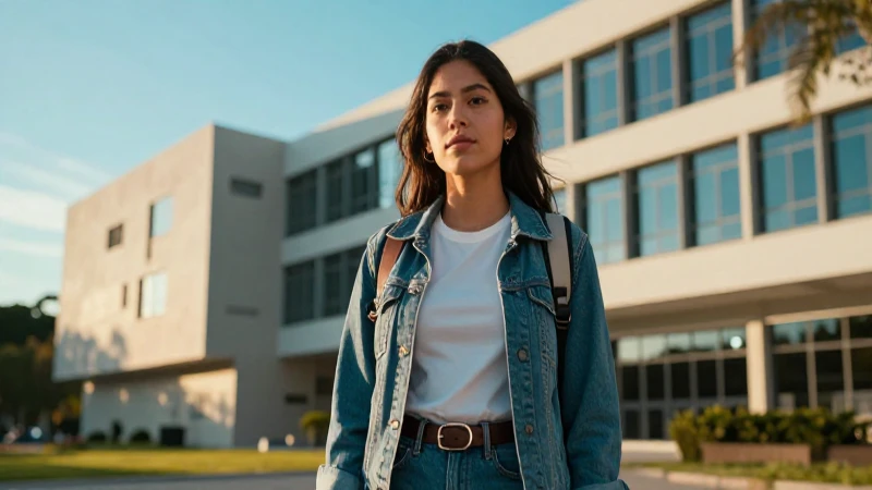 Retrato dinámico de estudiante en campus moderno