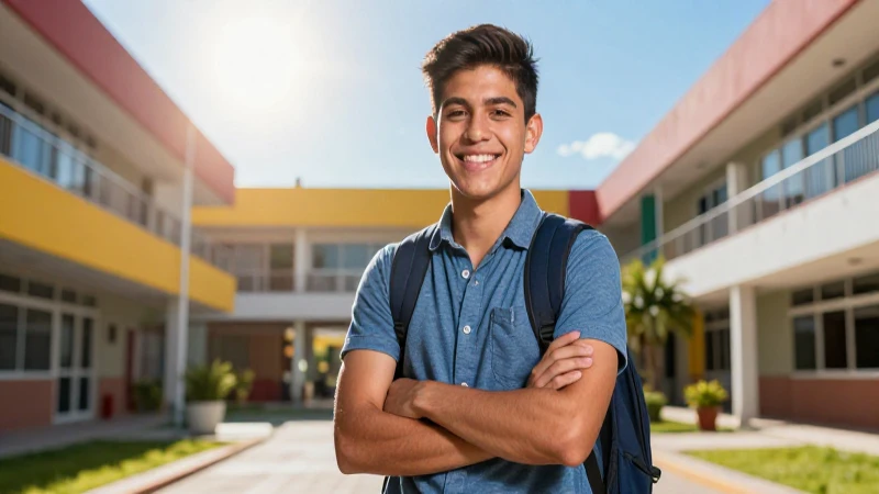 Estudiante sonríe en campus moderno y vibrante